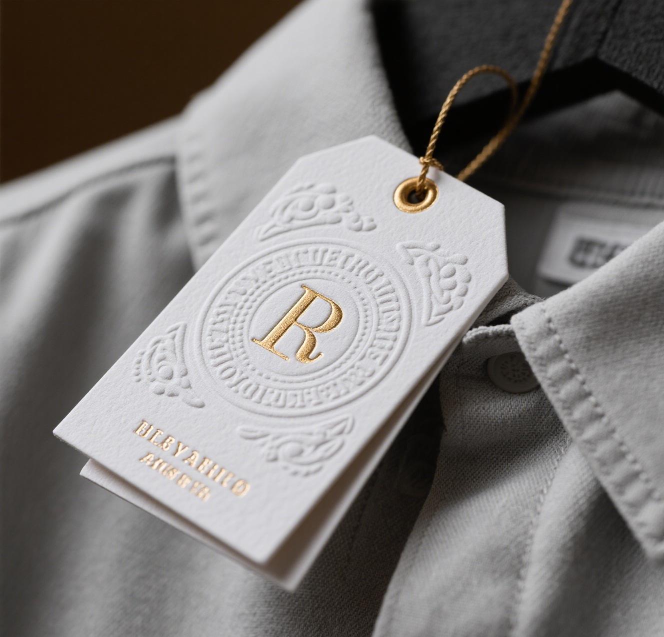 Premium custom garment hang tags with embossed details and foil accents